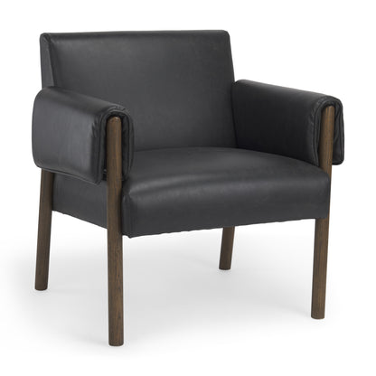 30" Black and Dark Brown Faux Leather and Solid Wood Arm Chair