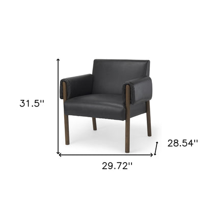 30" Black and Dark Brown Faux Leather and Solid Wood Arm Chair