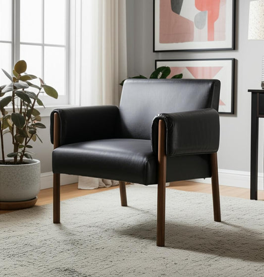 30" Black and Dark Brown Faux Leather and Solid Wood Arm Chair