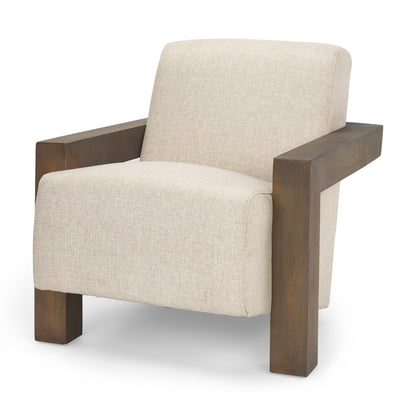 35" Cream and Brown Fabric and Solid Wood Arm Chair