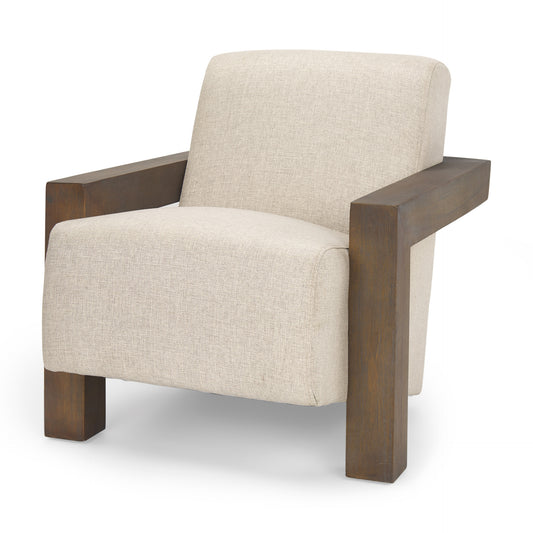 35" Cream and Brown Fabric and Solid Wood Arm Chair