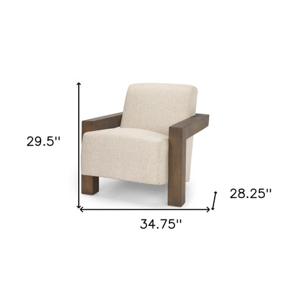 35" Cream and Brown Fabric and Solid Wood Arm Chair
