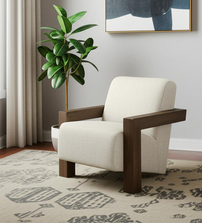 35" Cream and Brown Fabric and Solid Wood Arm Chair