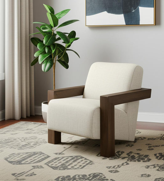 35" Cream and Brown Fabric and Solid Wood Arm Chair