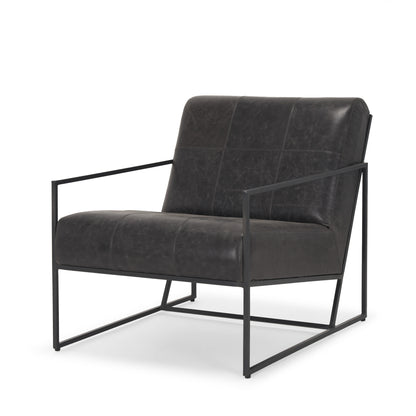 37" Black Genuine Leather and Metal Lounge Chair