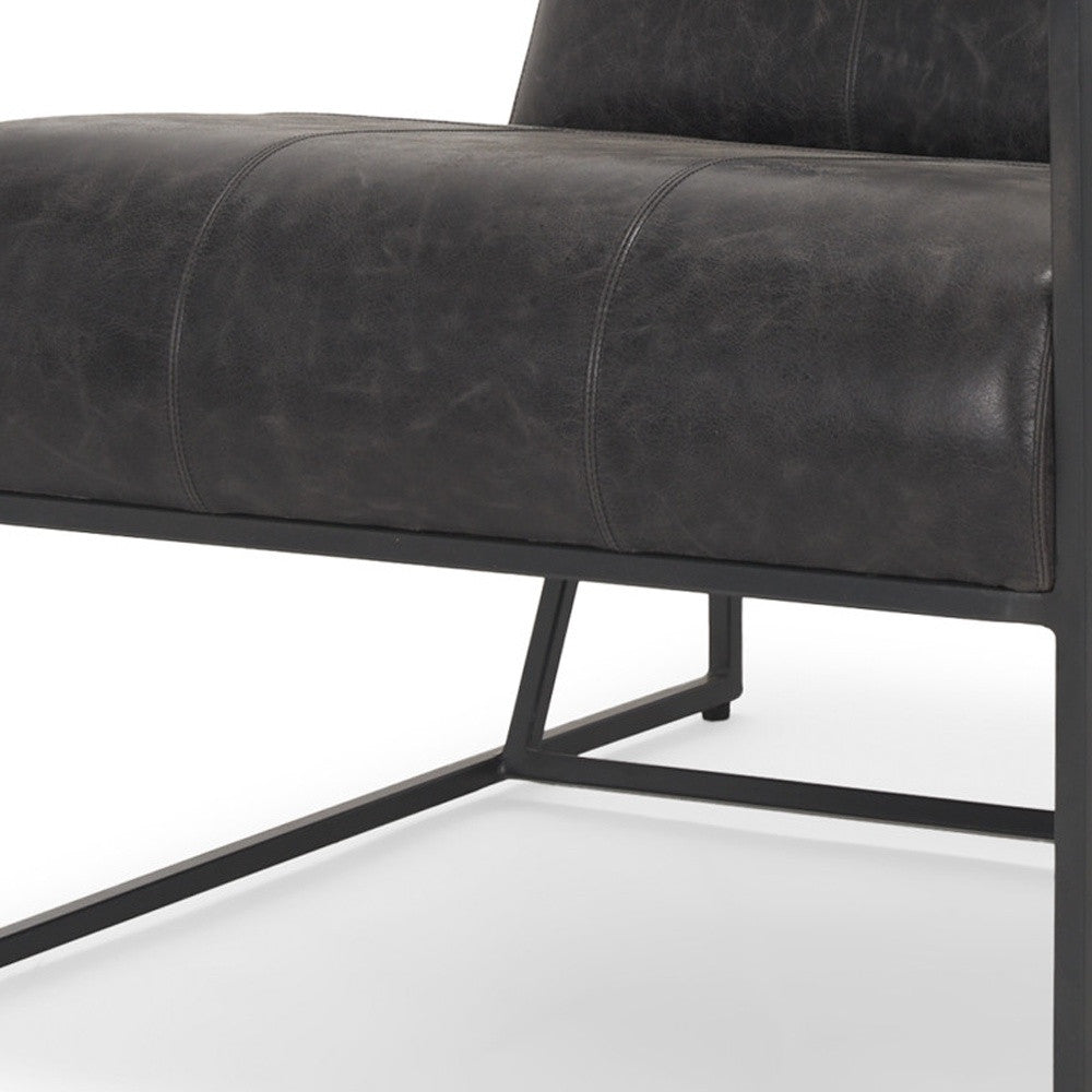 37" Black Genuine Leather and Metal Lounge Chair
