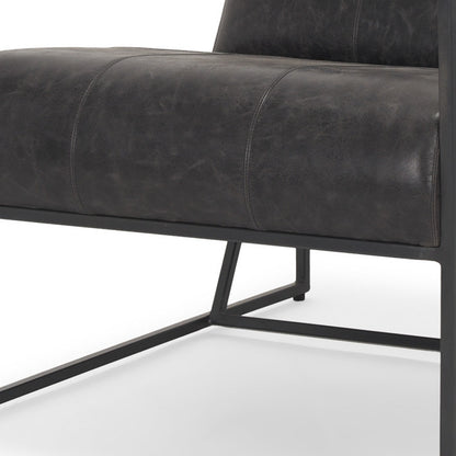 37" Black Genuine Leather and Metal Lounge Chair