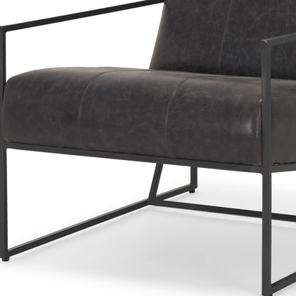 37" Black Genuine Leather and Metal Lounge Chair