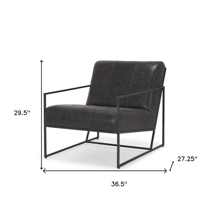 37" Black Genuine Leather and Metal Lounge Chair