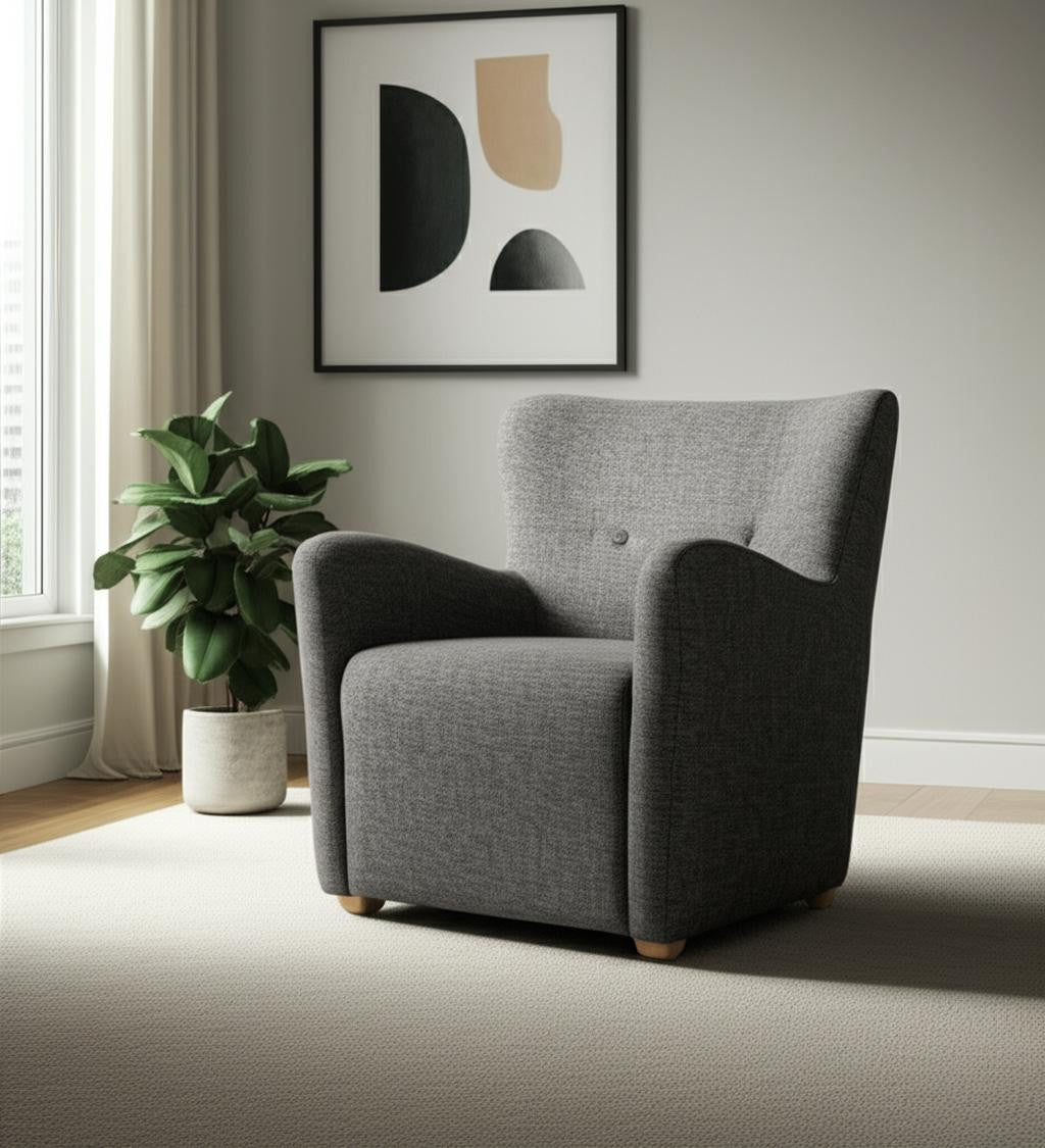 32" Gray and Brown Upholstery and Wood Wingback Chair