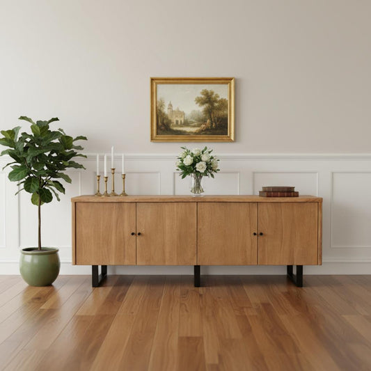 80" Natural Distressed Solid Wood Live Edge Credenza With Four Doors