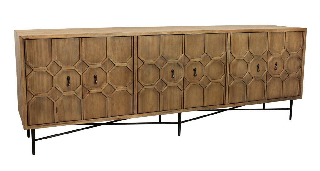 91" Natural Distressed Solid Wood Carved Geometric Sideboard with Six Doors