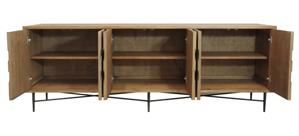 91" Natural Distressed Solid Wood Carved Geometric Sideboard with Six Doors