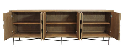 91" Natural Distressed Solid Wood Carved Geometric Sideboard with Six Doors
