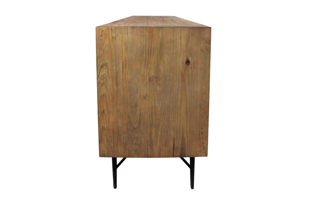 91" Natural Distressed Solid Wood Carved Geometric Sideboard with Six Doors