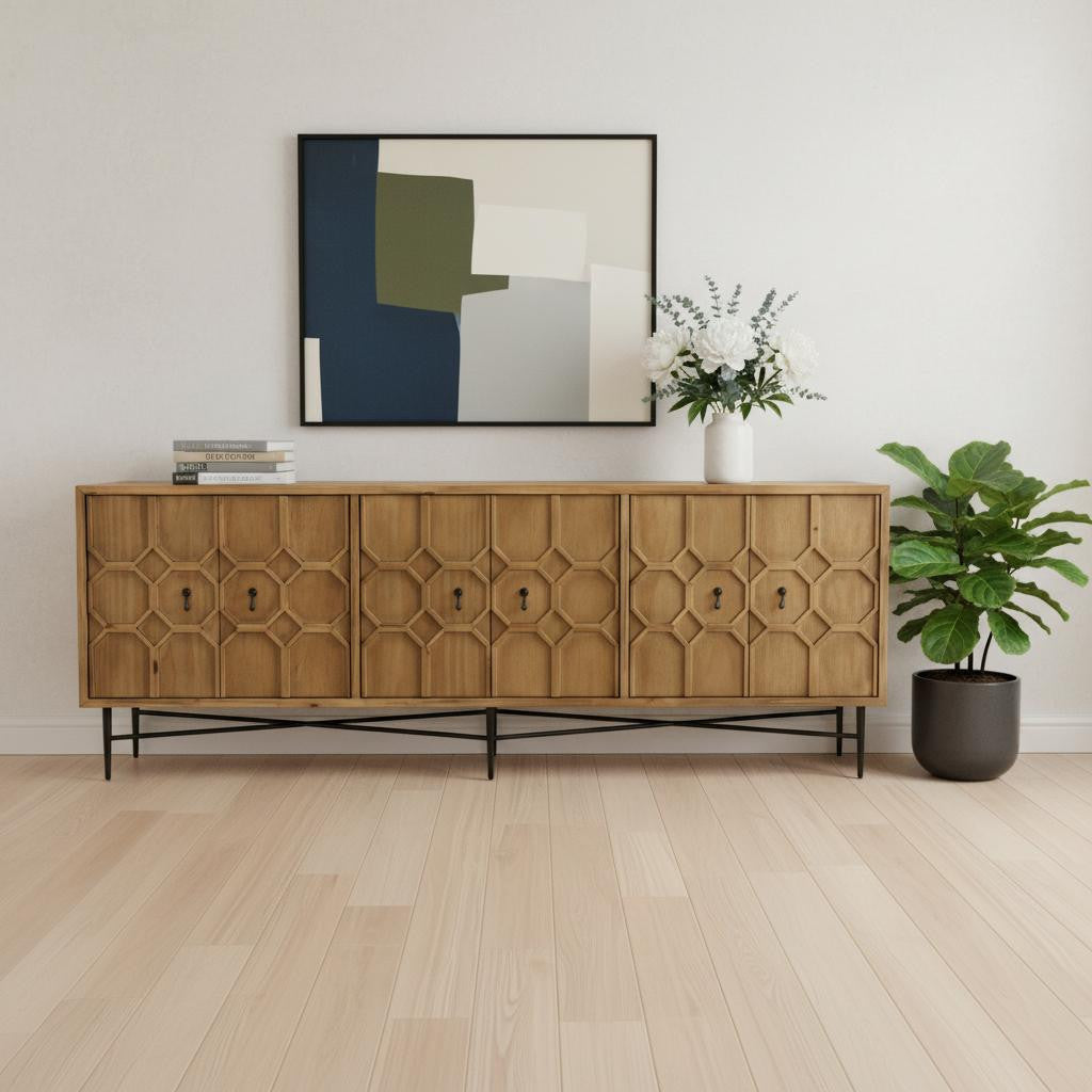 91" Natural Distressed Solid Wood Carved Geometric Sideboard with Six Doors