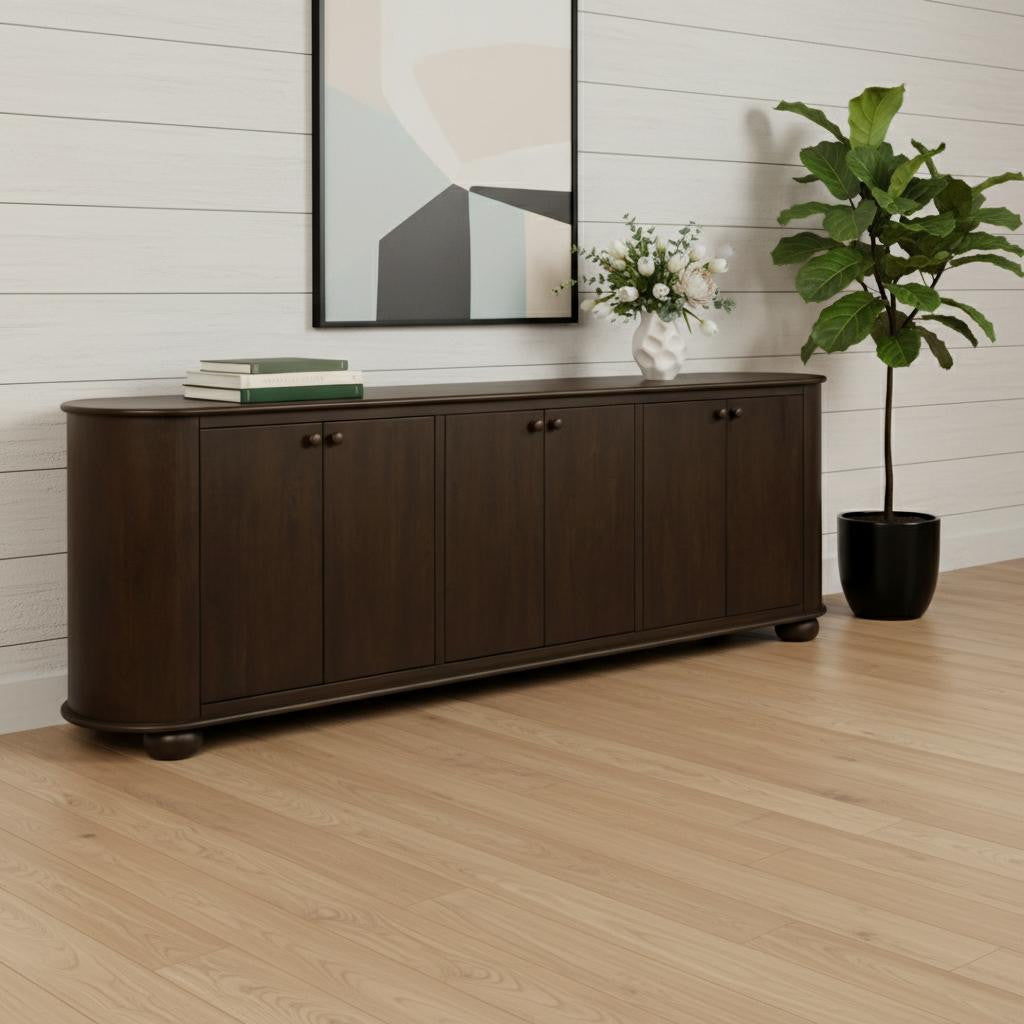 98" Brown Distressed Solid Wood Sideboard With Six Doors