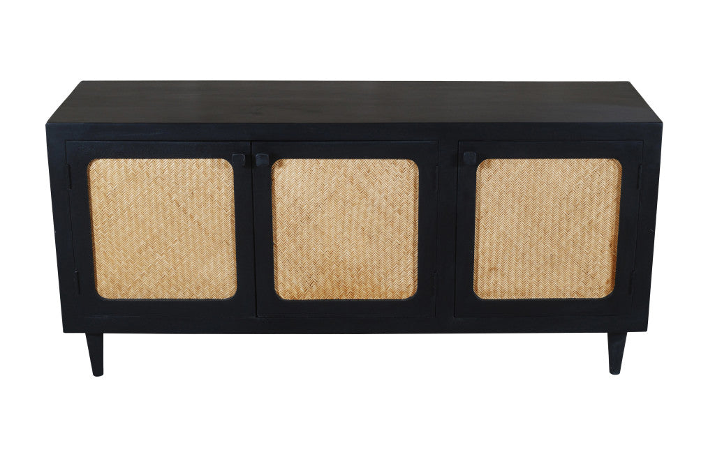 60" Black Distressed Solid Wood Sideboard with Three Doors