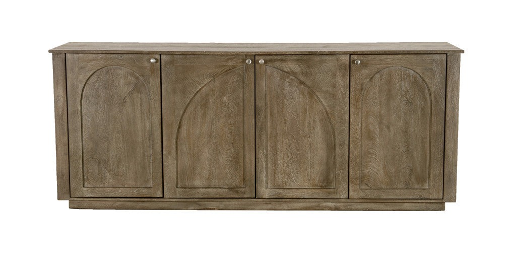 80" Brown Distressed Solid Wood Carved Geometric Sideboard With Four Doors