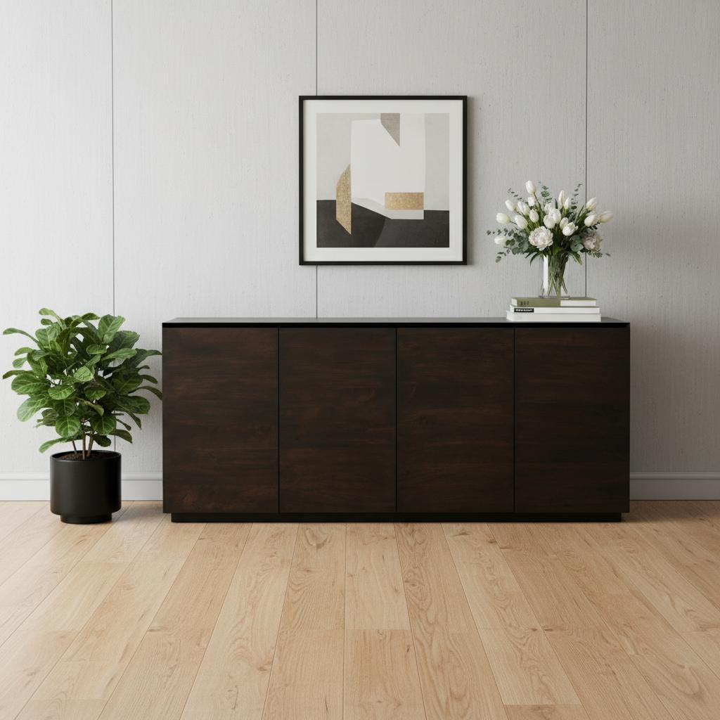 80" Dark Brown Distressed Solid Wood Sideboard With Four Doors