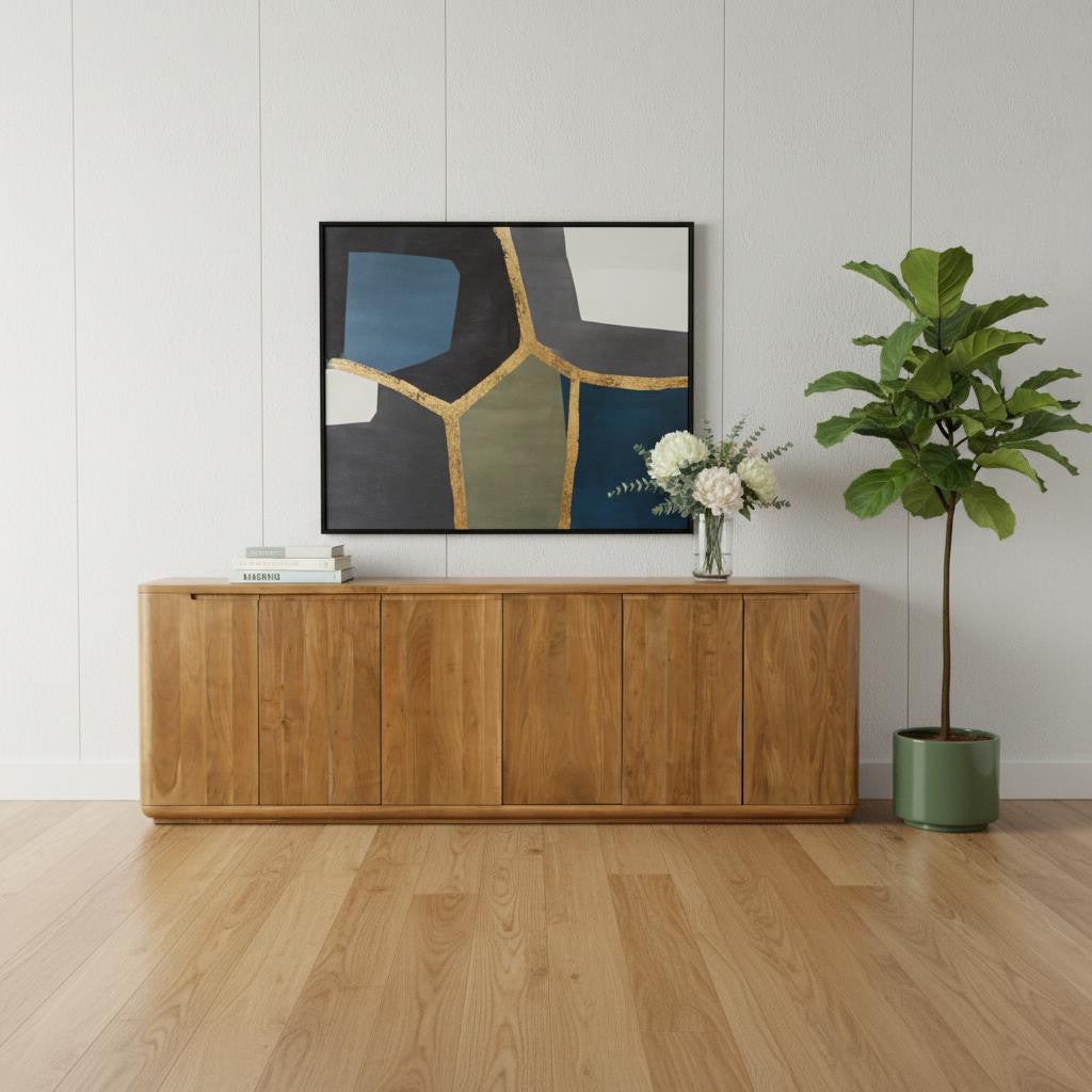 96" Tan Distressed Solid Wood Sideboard With Six Doors