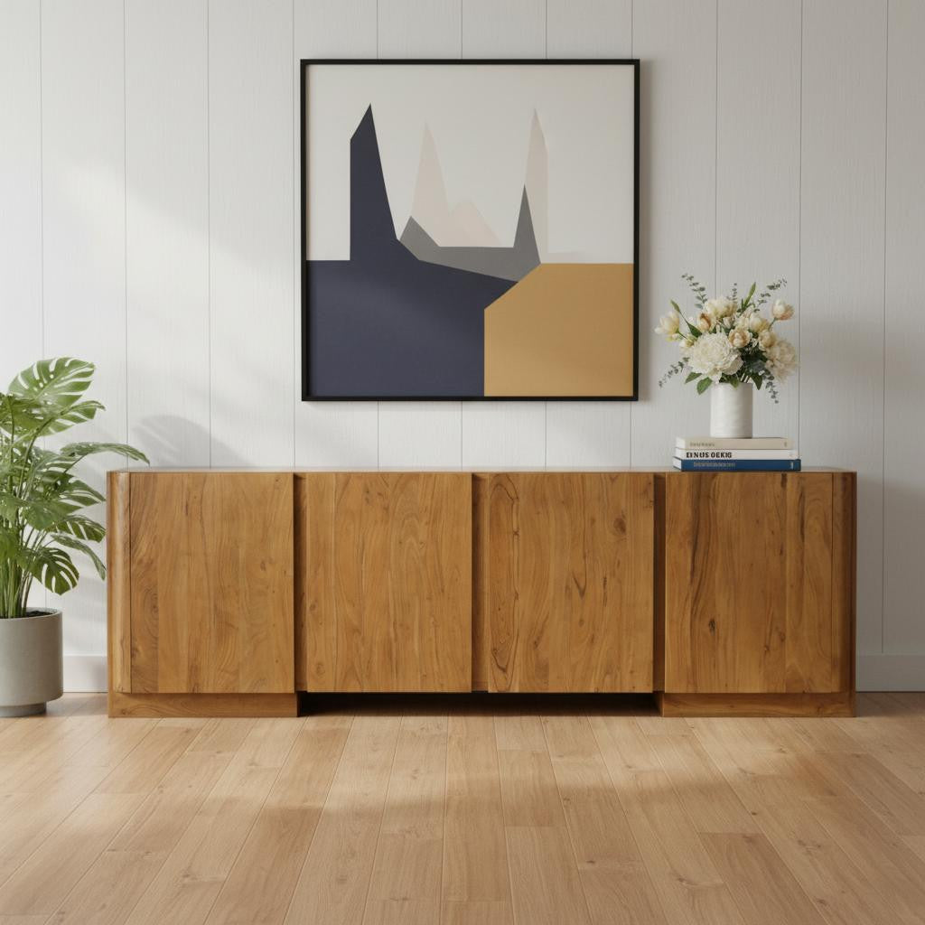 96" Tan Distressed Solid Wood Sideboard Soft Close with Four Doors