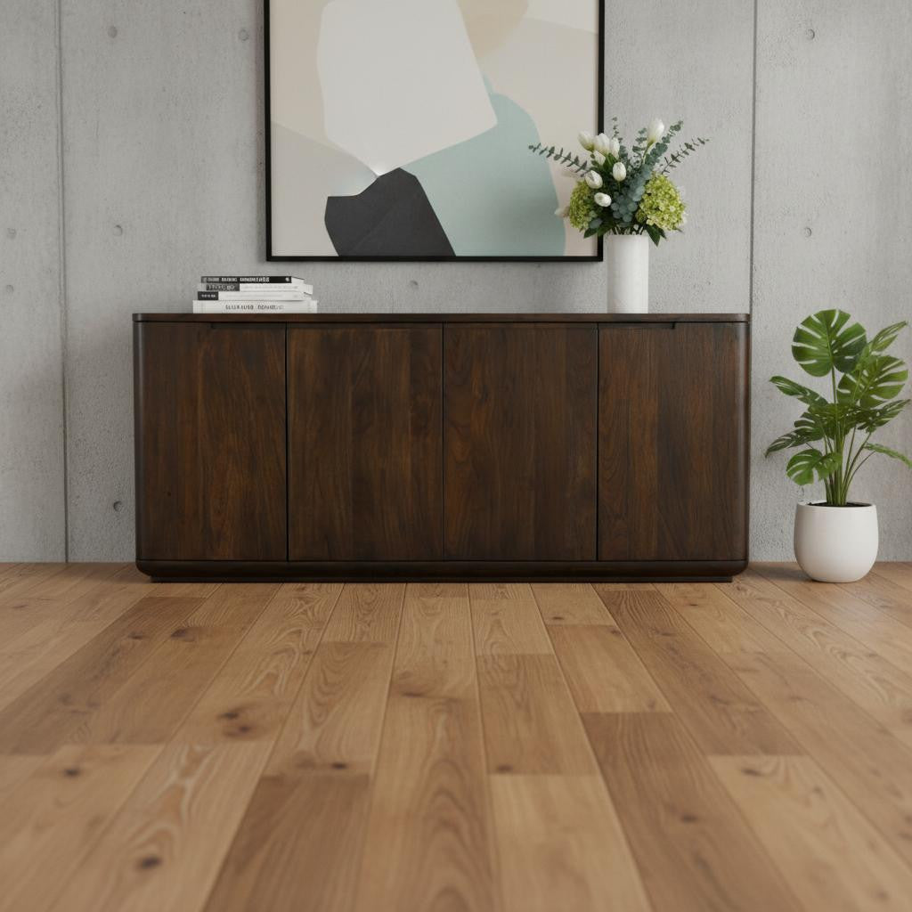 72" Dark Brown Distressed Solid Wood Sideboard With Four Doors