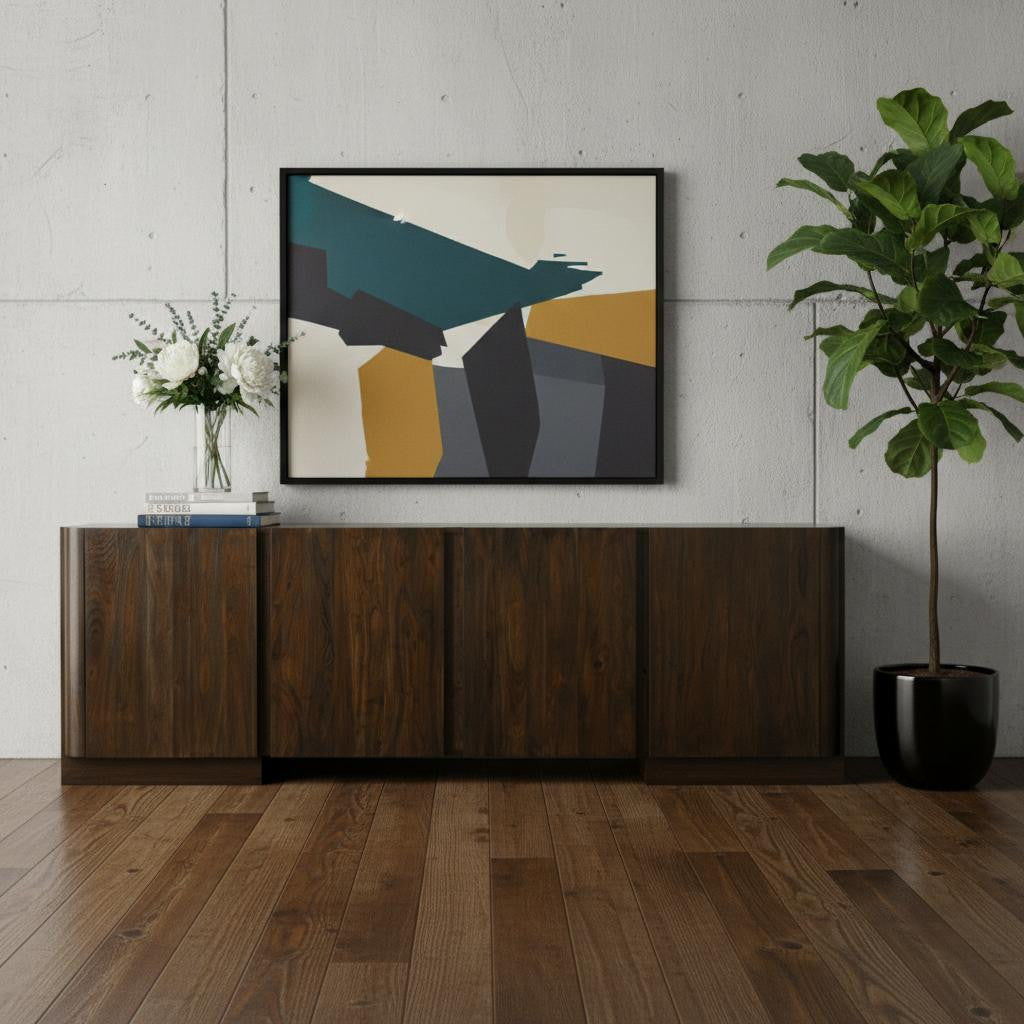 96" Dark Brown Distressed Solid Wood Sideboard With Four Doors