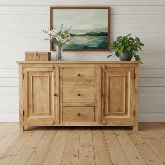 60" Natural Distressed Solid Wood Three Drawer Sideboard With Two Doors