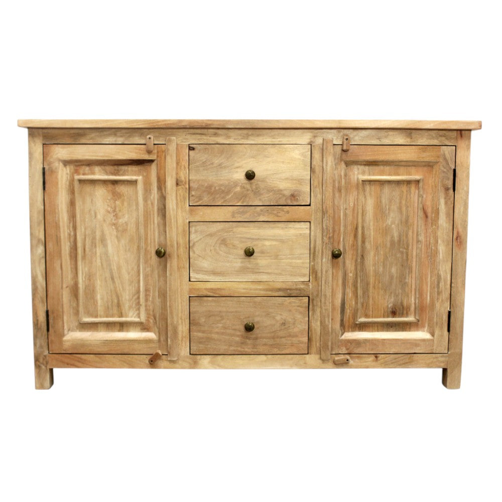 60" Natural Distressed Solid Wood Three Drawer Sideboard With Two Doors
