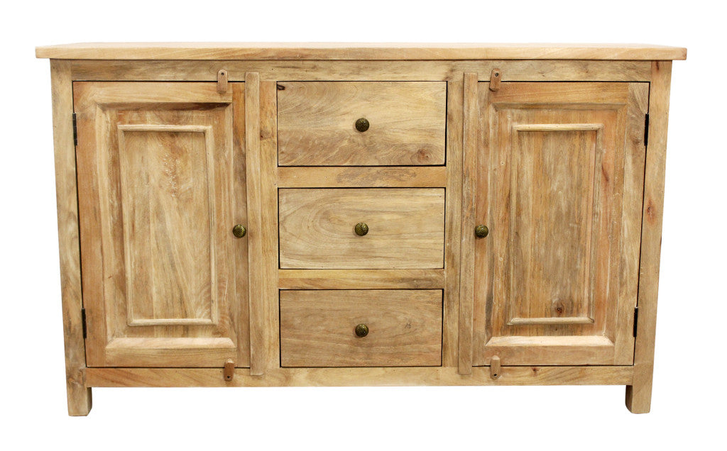 60" Natural Distressed Solid Wood Three Drawer Sideboard With Two Doors