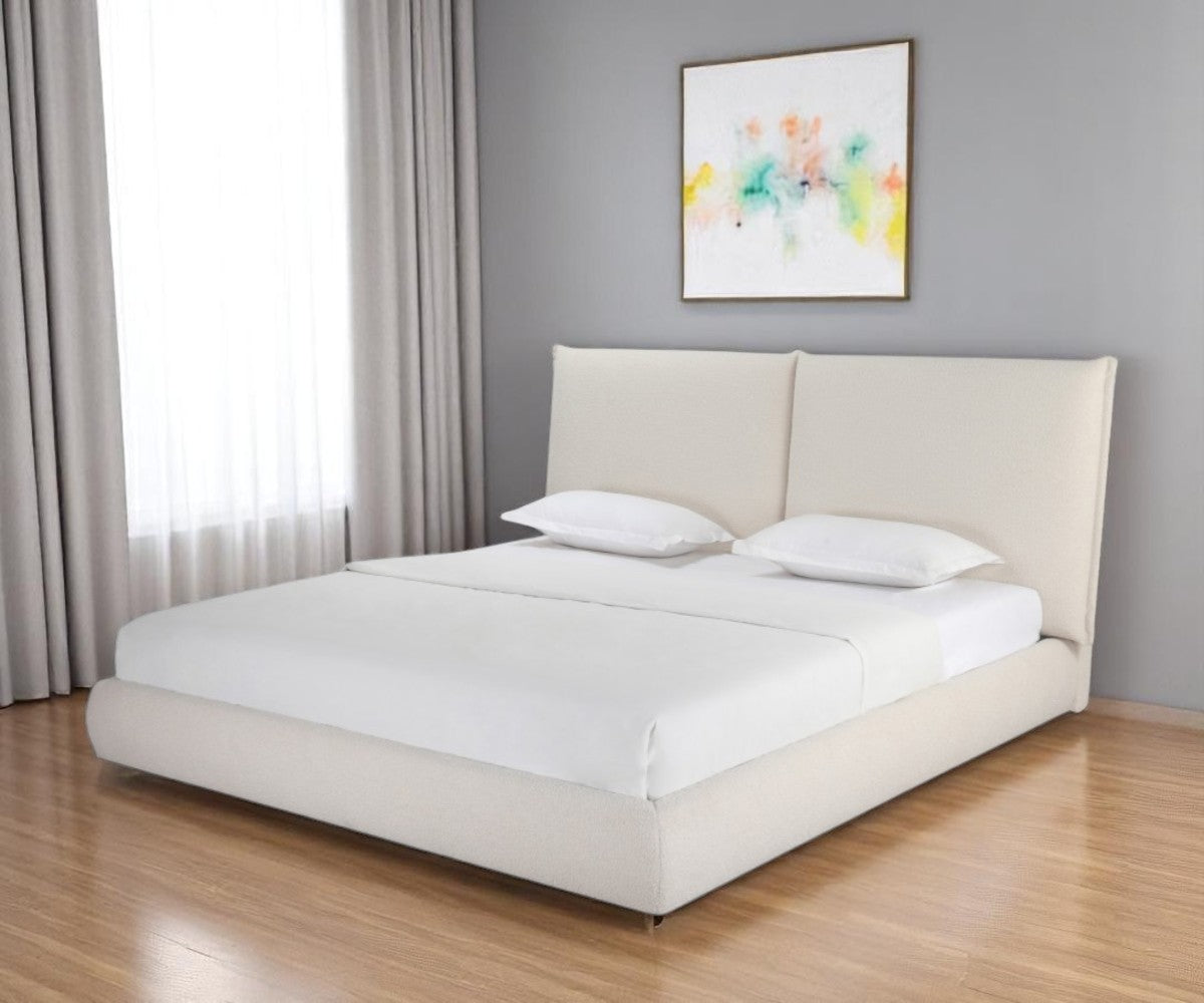 Beige Boucle Upholstered King Bed Frame