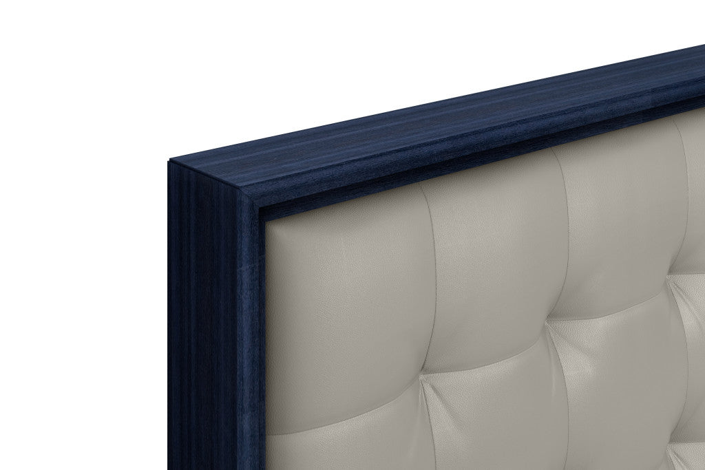 Blue and Gray Wood And Tufted Faux Leather Lighted Queen Bed Frame