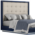 Blue and Gray Wood And Tufted Faux Leather Lighted Queen Bed Frame