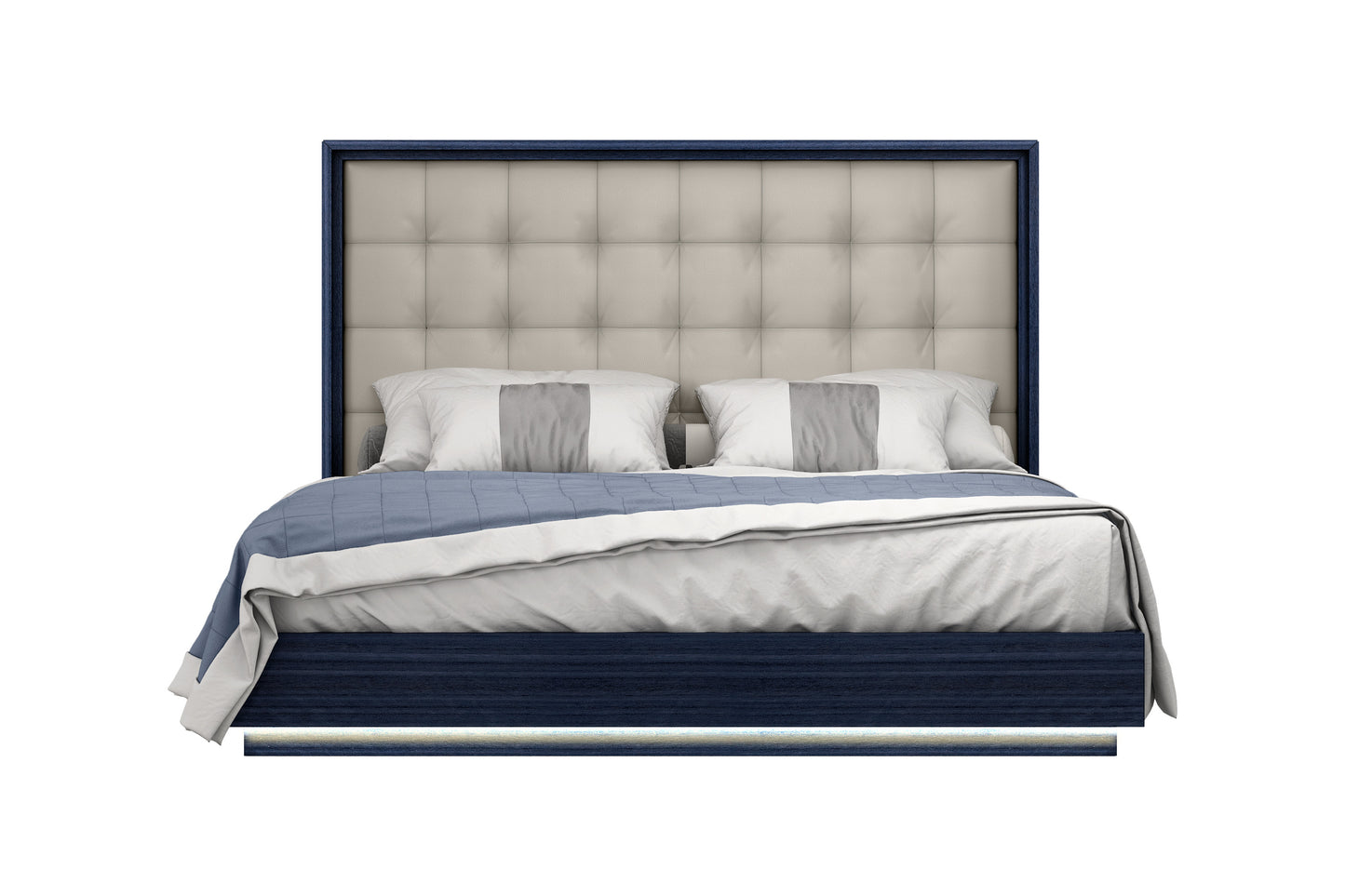 Blue and Gray Wood And Tufted Faux Leather Lighted King Bed Frame