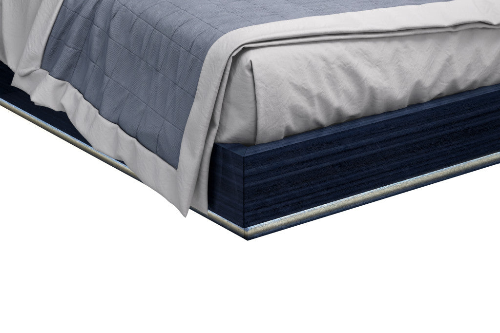 Blue and Gray Wood And Tufted Faux Leather Lighted King Bed Frame