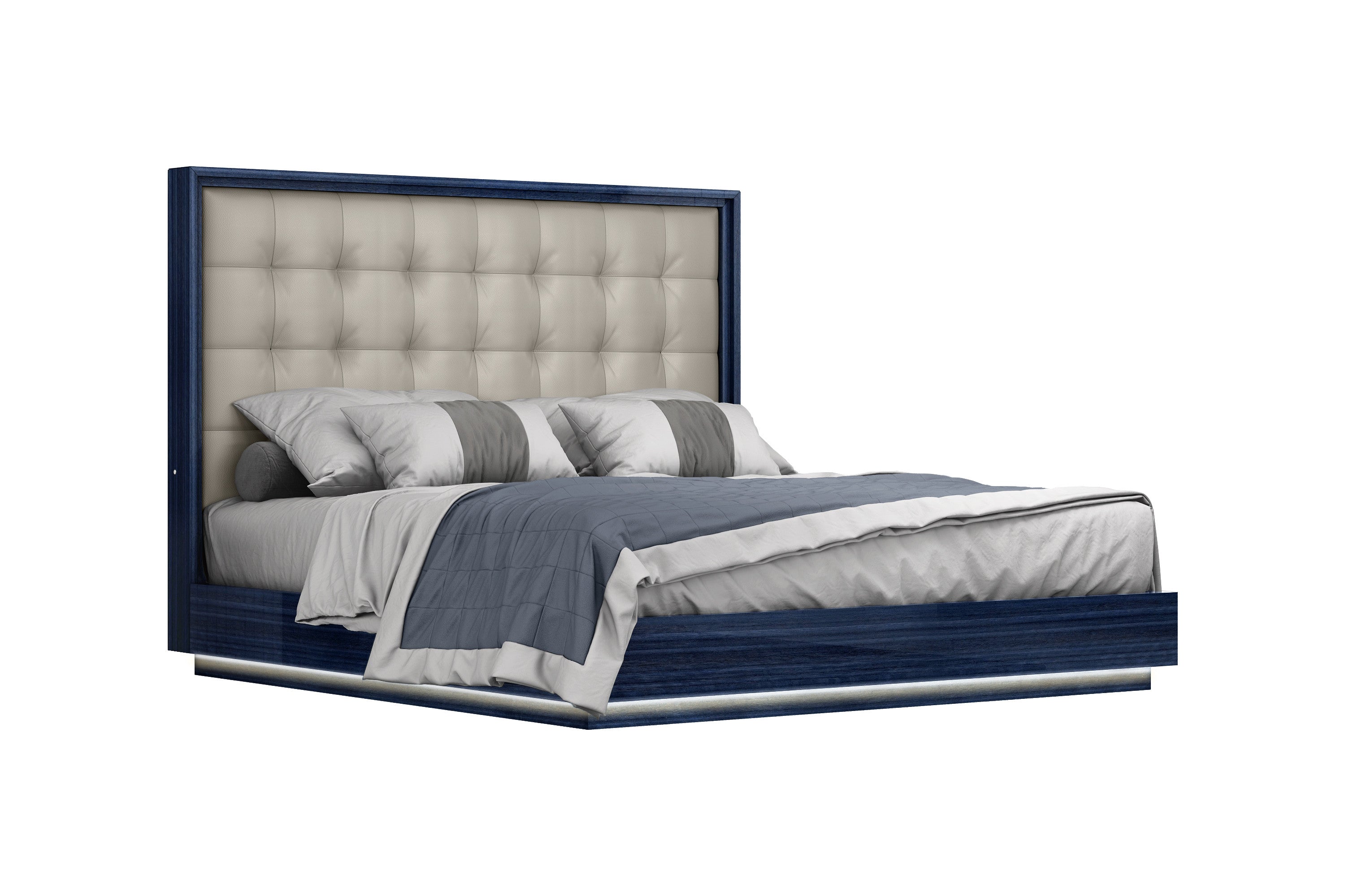 Blue and Gray Wood And Tufted Faux Leather Lighted King Bed Frame