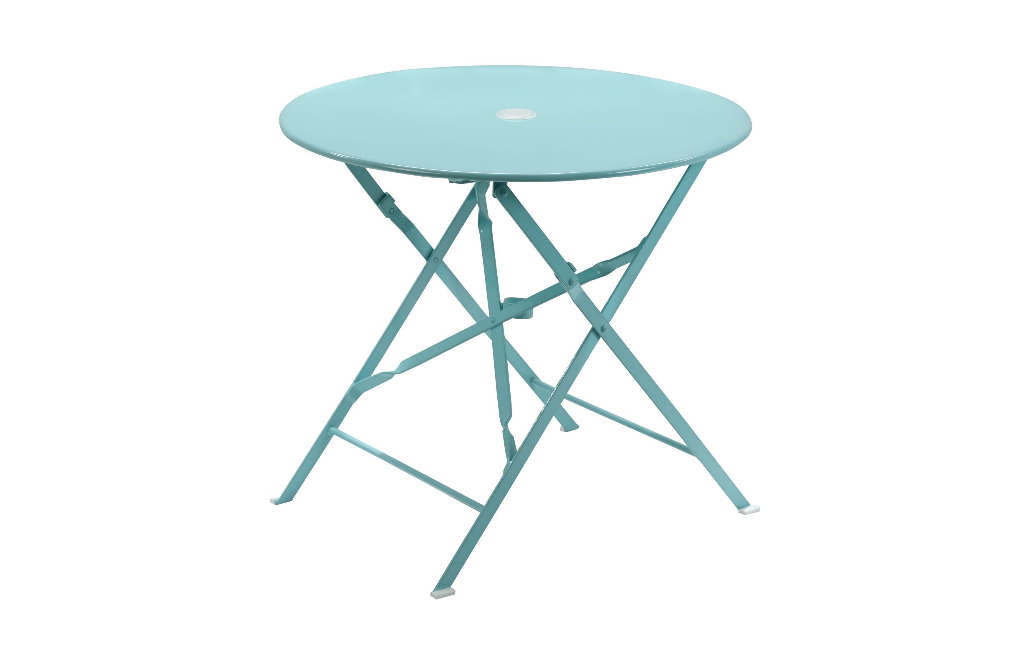 30" Aqua Rounded Aluminum Folding Outdoor Bistro Table with Umbrella Hole