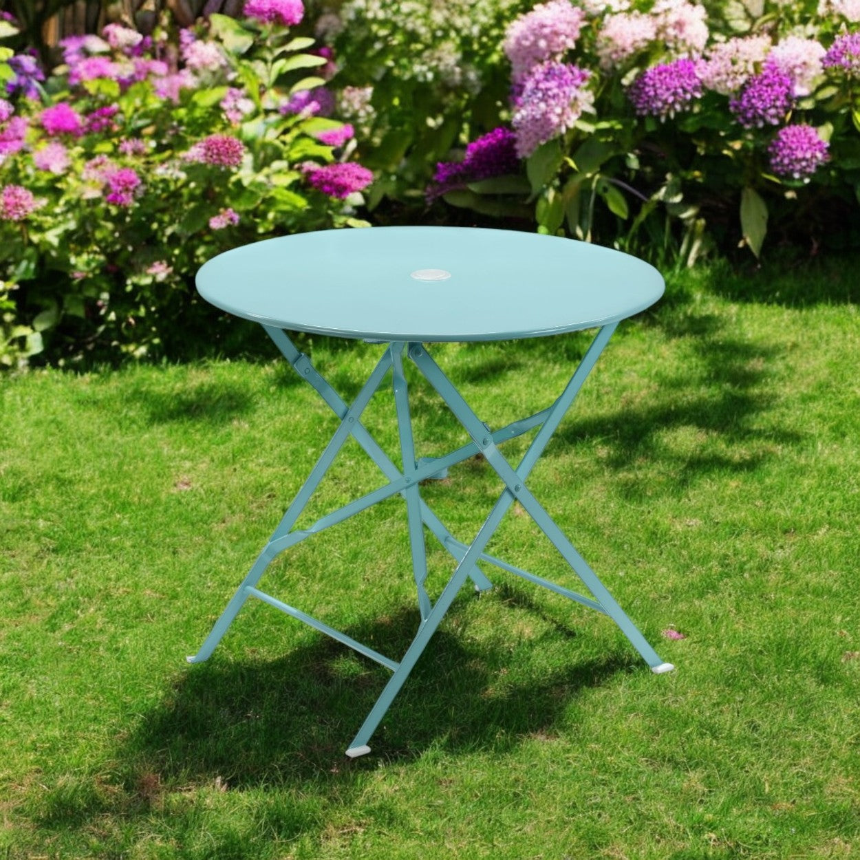 30" Aqua Rounded Aluminum Folding Outdoor Bistro Table with Umbrella Hole
