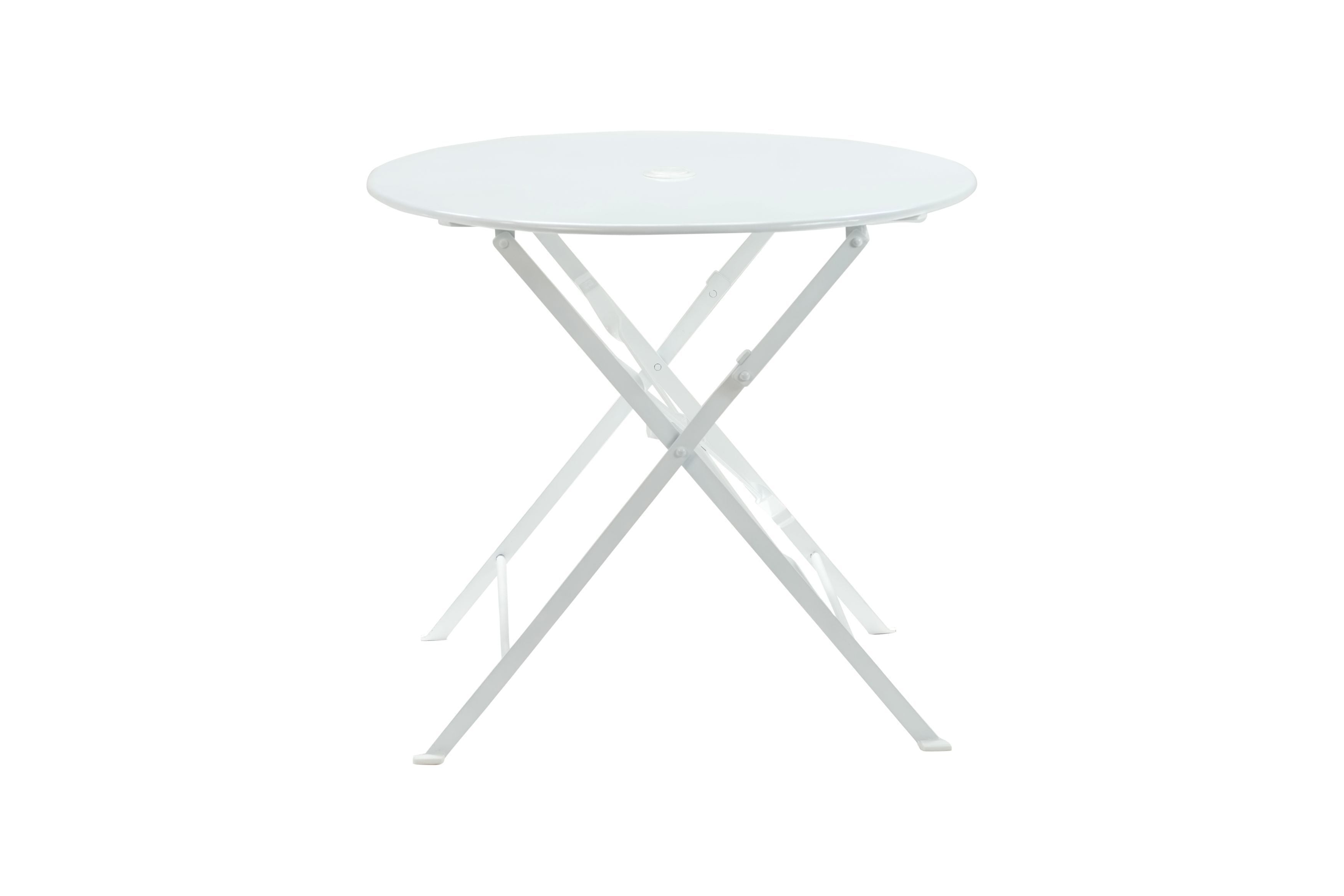 30" White Rounded Aluminum Folding Outdoor Bistro Table with Umbrella Hole