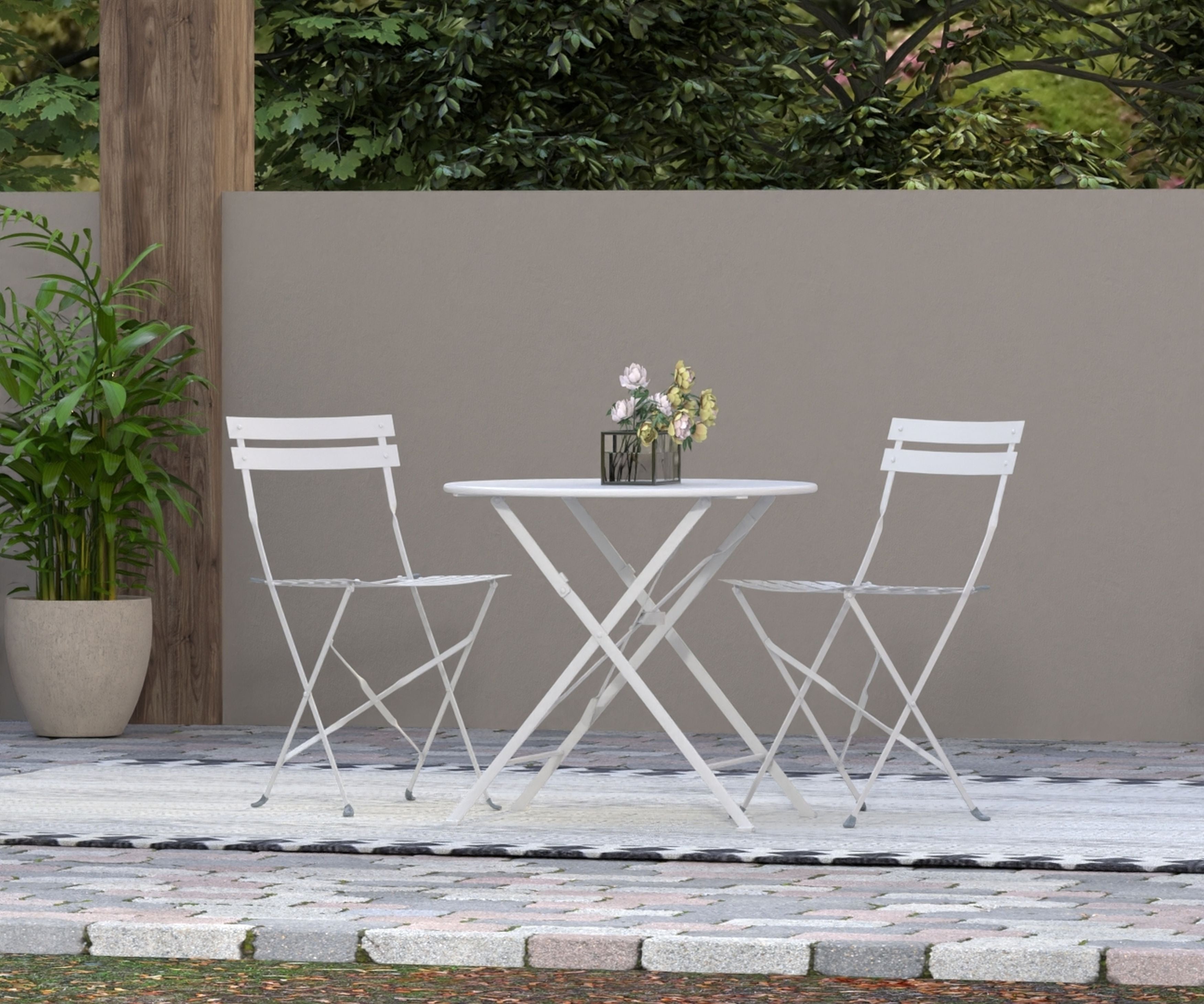 30" White Rounded Aluminum Folding Outdoor Bistro Table with Umbrella Hole