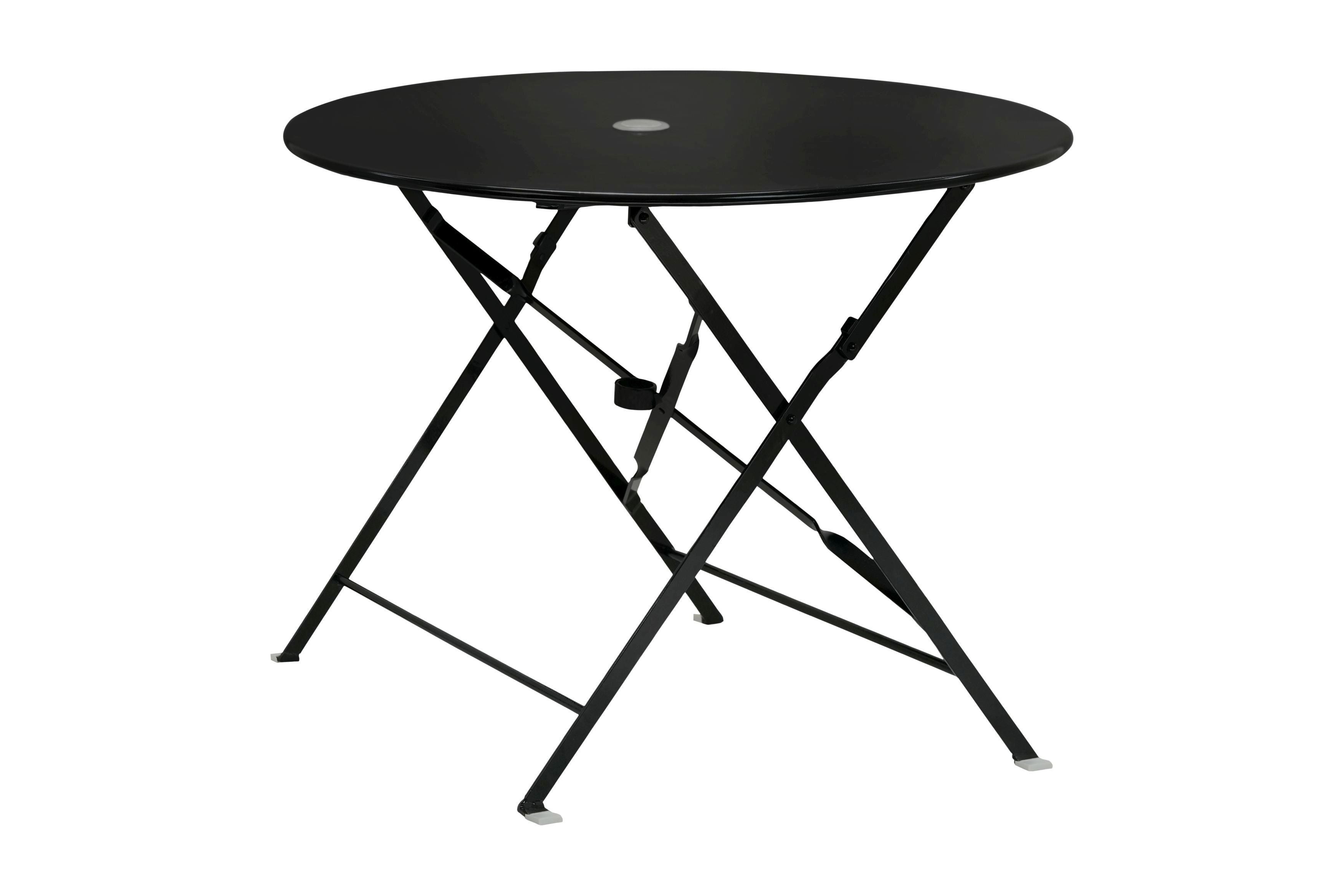 36" Black Rounded Aluminum Folding Outdoor Dining Table with Umbrella Hole