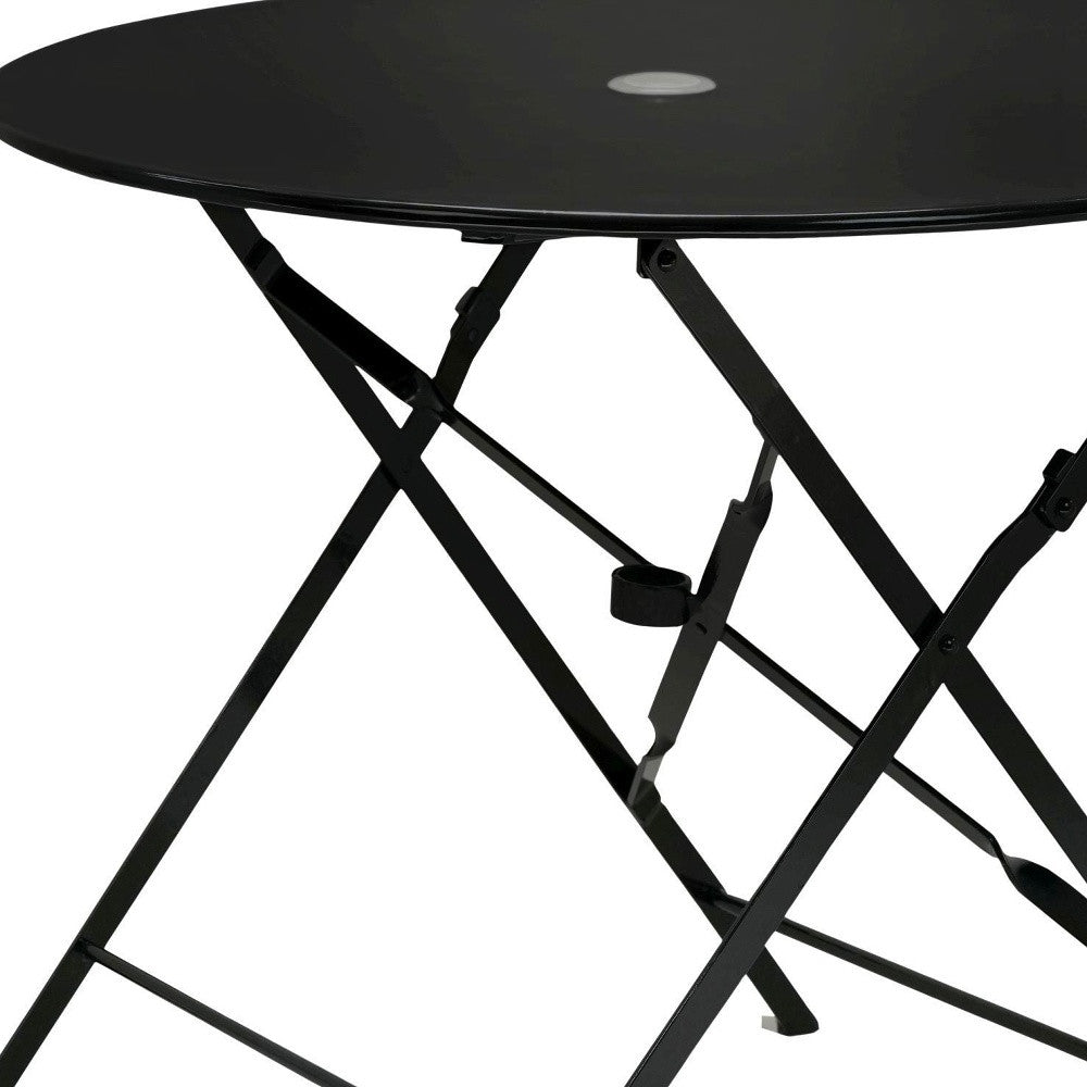 36" Black Rounded Aluminum Folding Outdoor Dining Table with Umbrella Hole