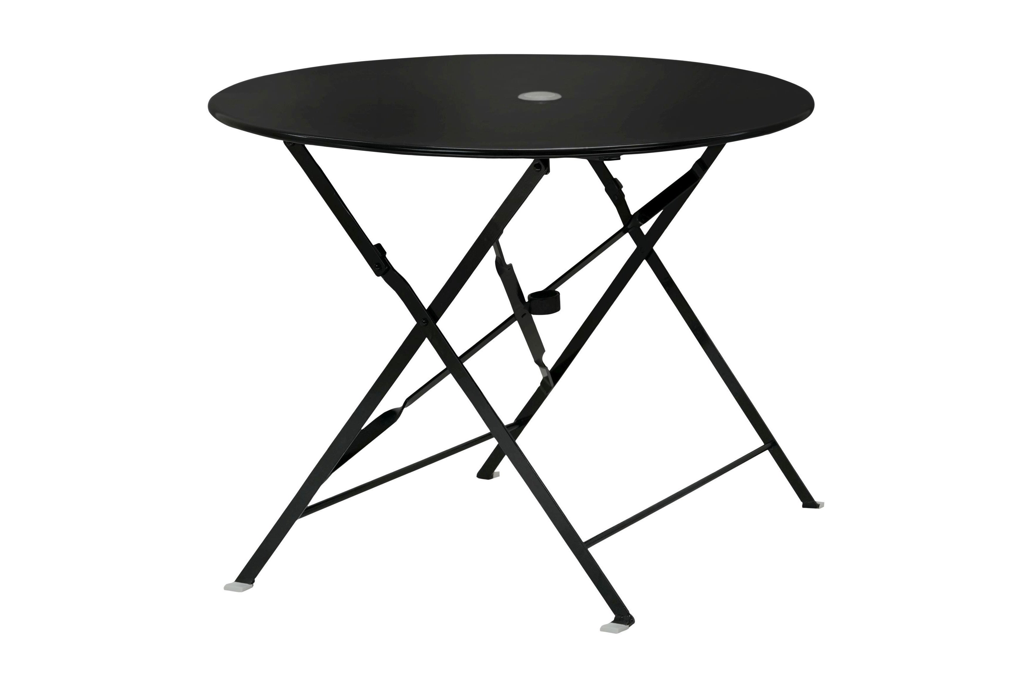 36" Black Rounded Aluminum Folding Outdoor Dining Table with Umbrella Hole
