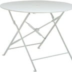 36" White Rounded Aluminum Folding Outdoor Dining Table with Umbrella Hole