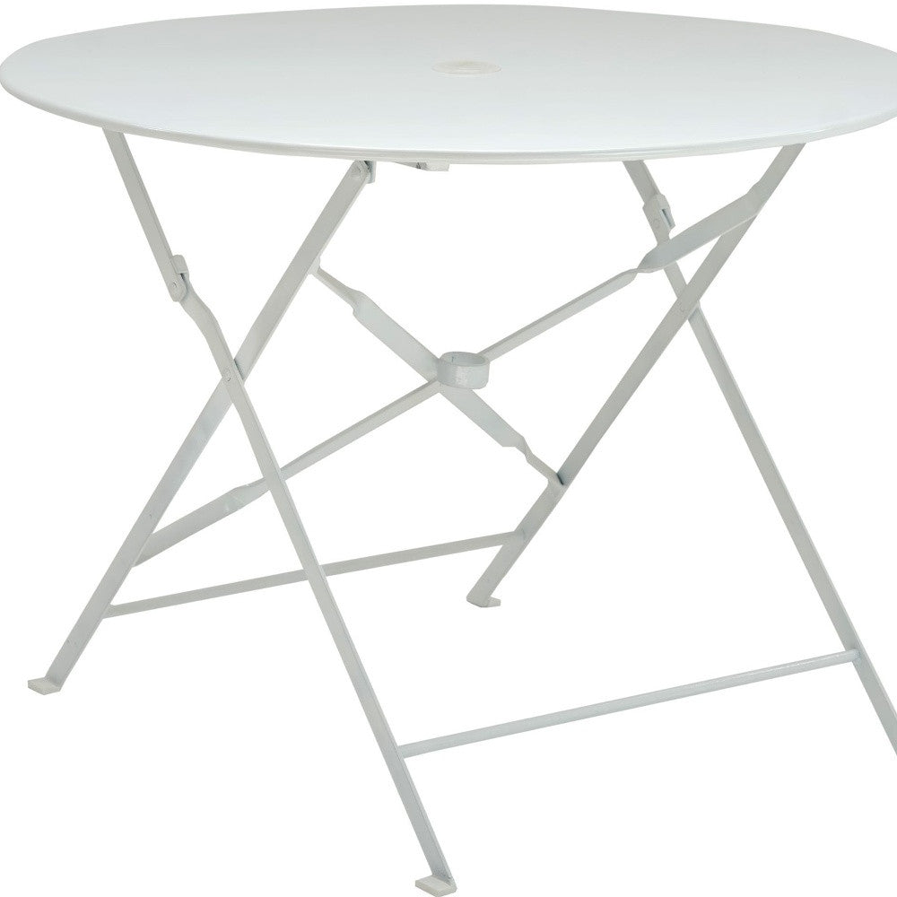 36" White Rounded Aluminum Folding Outdoor Dining Table with Umbrella Hole