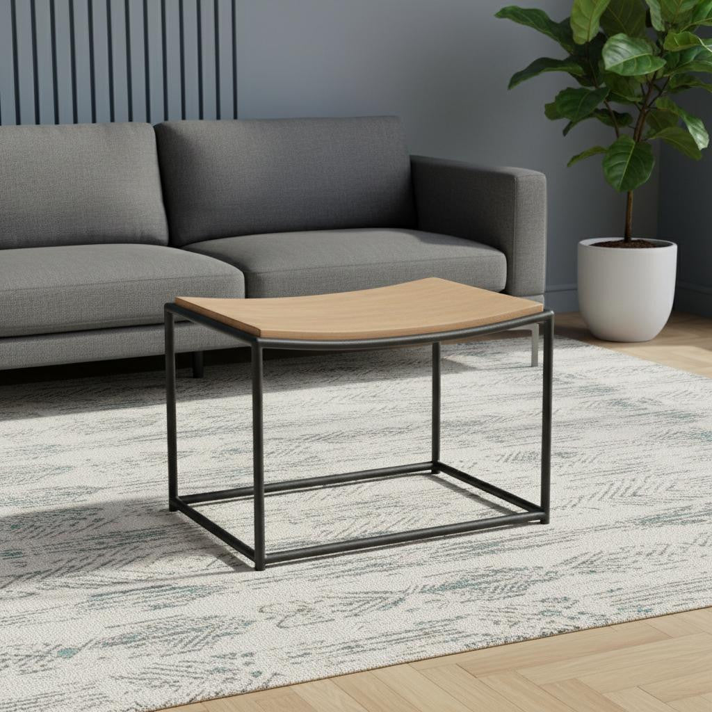 23" Natural and Black Solid Wood and Metal Footstool