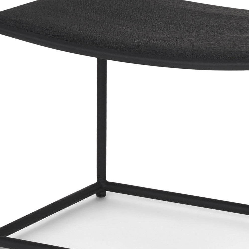 23" Black Solid Wood and Metal Footstool