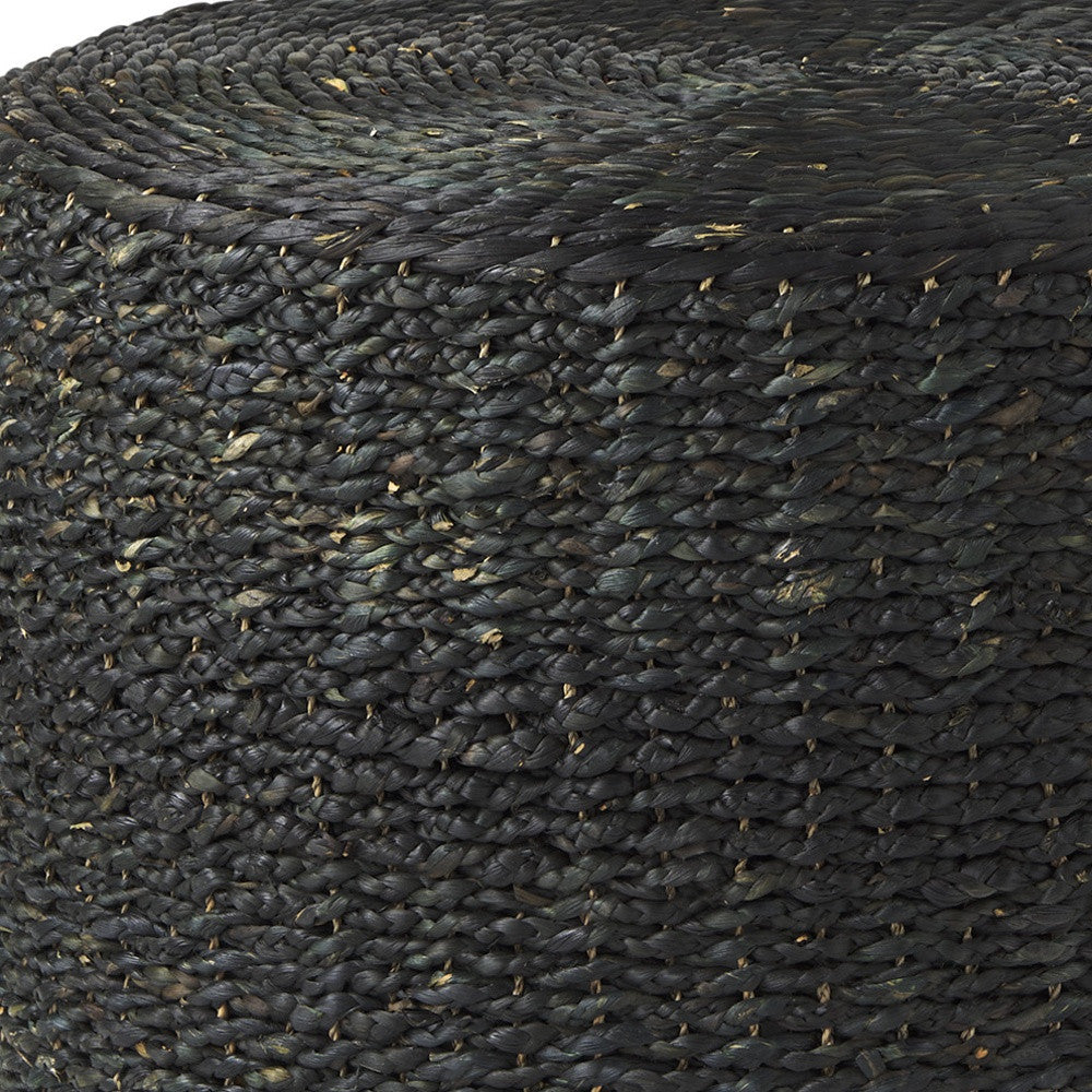 30" Black Water Hyacinth Round Pouf Ottoman