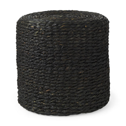 18" Black Water Hyacinth Round Pouf Ottoman